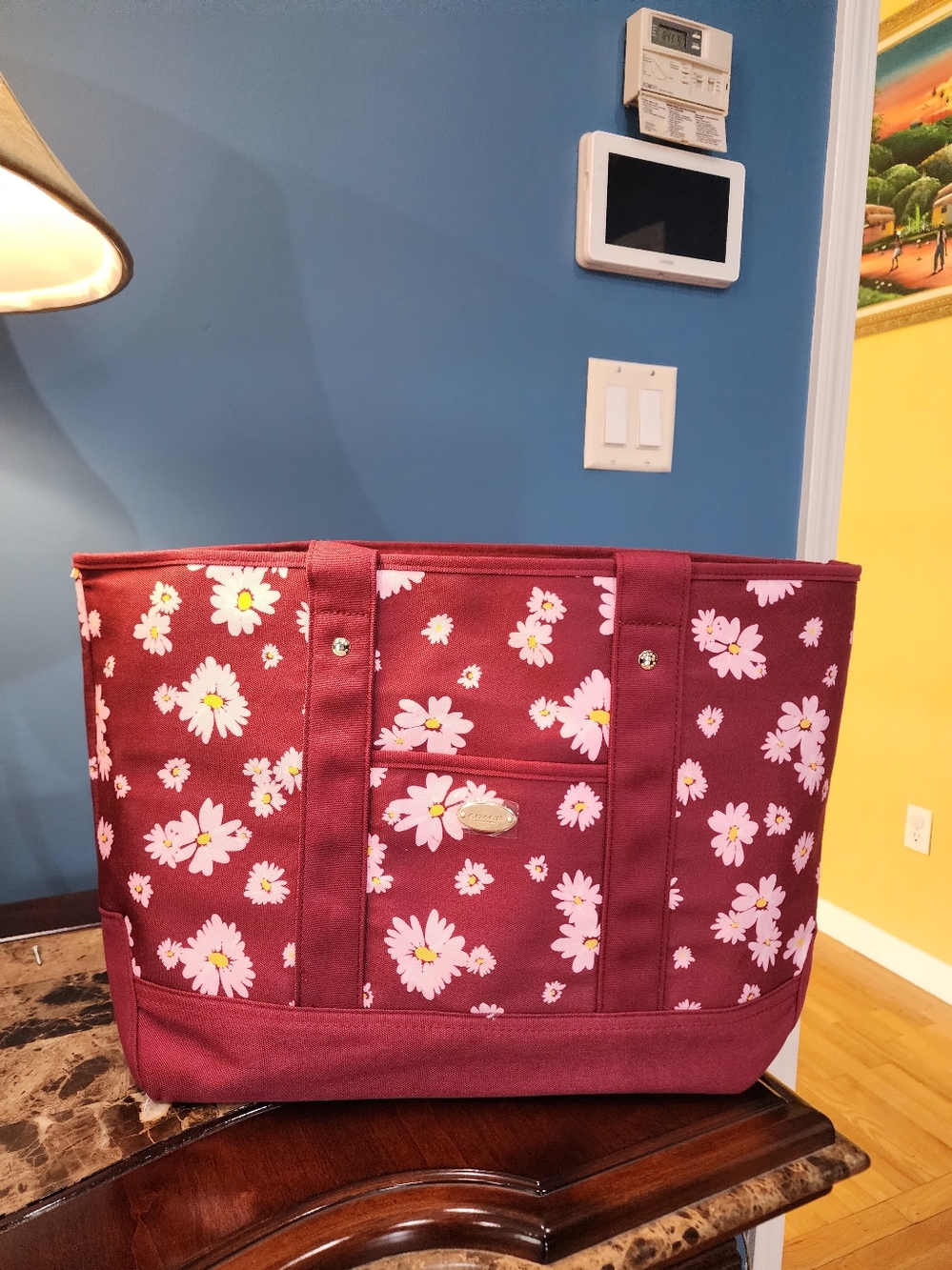 Coach Burgundy Floral Tote with Pink Daisy Print - Picture 2 of 5